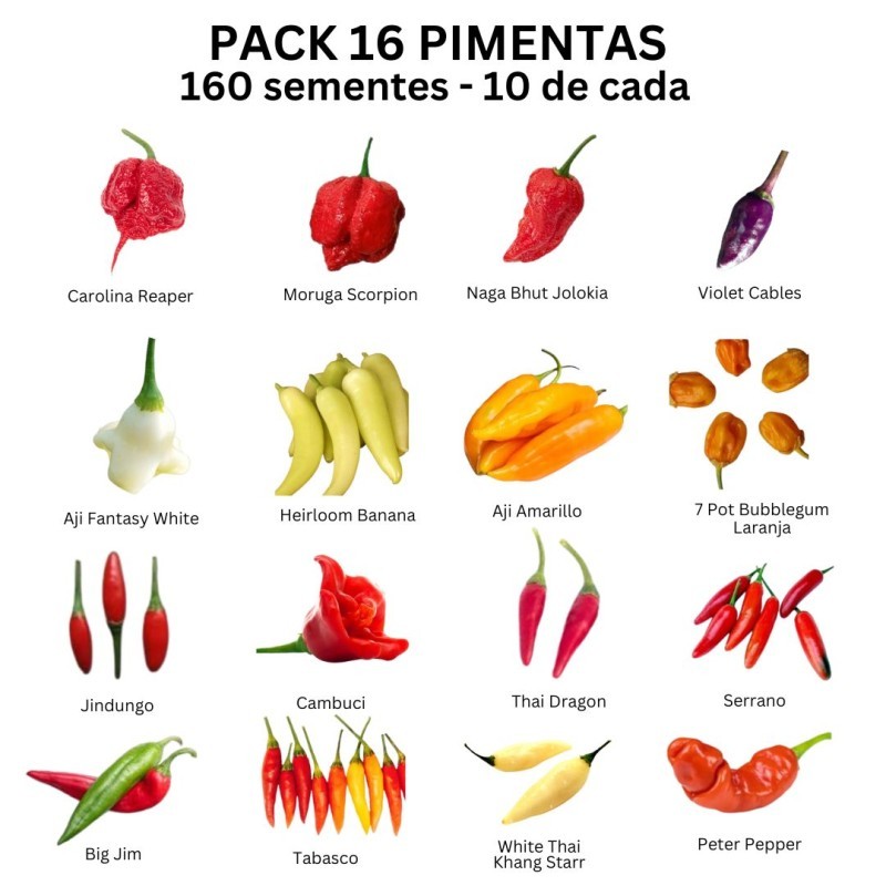 Paquet de 16 Piments 160 graines Carolina Reaper Moruga Scorpion Bhut Jolokia Paquet de 16 Piments Variétés