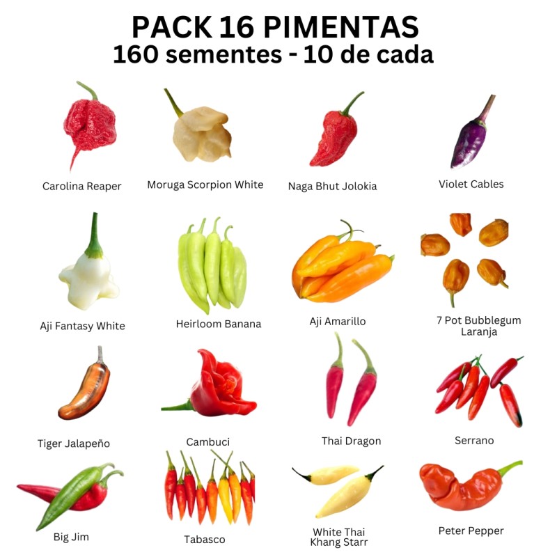 Kit 16 Variedades de Chiles Picantes - 10 semillas Cada uno - 160 semillas TOTAL Kit 16 Variedades de Chiles Picantes - 10 semillas Cada uno - 160 semillas TOTAL